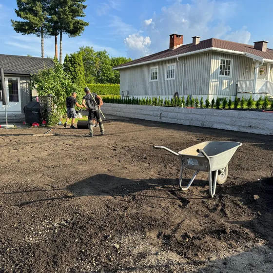 Arbeidere planerer og finavretter jordflaten før plenen legges